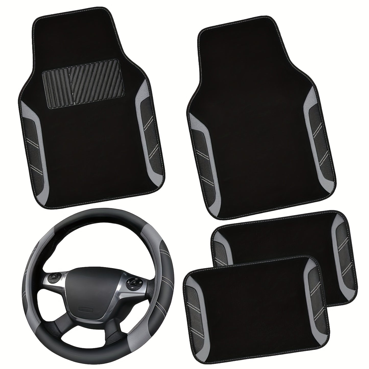 Steering Wheel Cover & Waterproof Car Floor Mats Combo Set – Microfiber Anti-Slip Universal Fit 14.5-15 Inch for 95% Sedan SUV Cars – Sporty Comfortable Design (Black & Blue / Beige / Red / Pink / Gray)