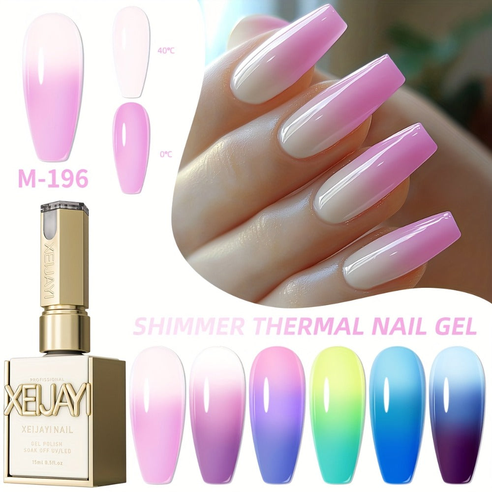 Thermal Gel Nail Polish Set 6 Colors – Heat Reactive Color Changing Glitter Gel Polish, Photo Frame Bottle, LED UV Cured, Glossy Shiny Finish, Spring Summer DIY Salon Manicure Gift for Women Girls