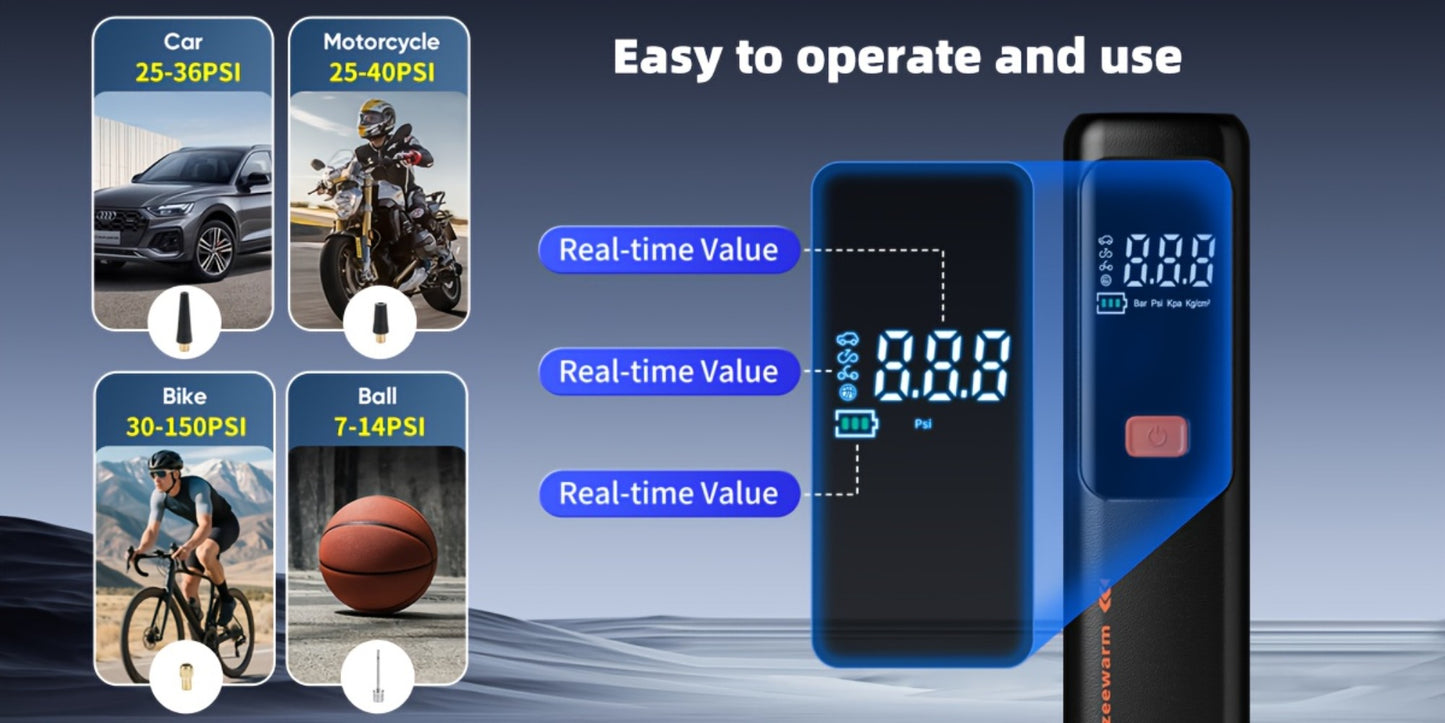 Cordless Tire Inflator Portable Air Compressor – USB-C Rechargeable, Digital Gauge, 3X Fast Inflation for Car Tires, Bikes, Motorcycles & Sports Balls