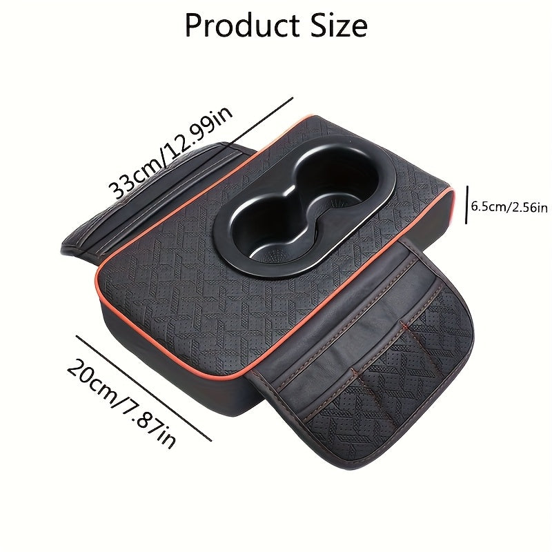 Universal Car Armrest Box Cover, PU Leather Center Console Mat with 2 Side Pockets + 2 Cup Holders, Multi-Functional Storage for Phone/Water Bottle/Cards, Fits Most Car Models, Tissue Box Replacement 3pcs Set-1