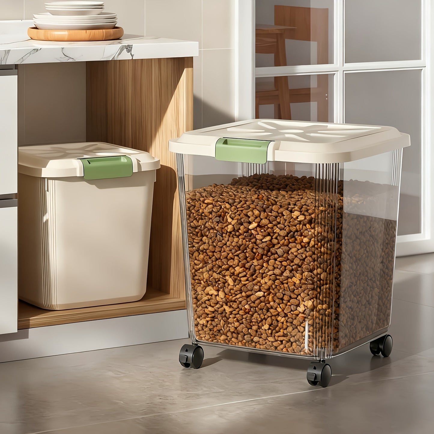 Pet Food Storage Container with Wheels – Lockable Lid Transparent Rolling Bin with Scoop for Dogs Cats & Birds, 11lb / 22lb / 33lb, Bonus Feeding Bowl Included
