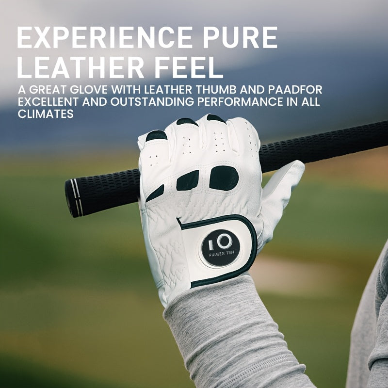 Men's Golf Glove Left Hand 3 Pack with Ball Marker – WeatherSof Soft Grip Cabretta-Style Golf Gloves for Men, Buckle Closure, All-Weather Performance, Sizes S to XXL (White)