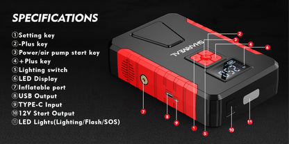Portable Jump Starter with Air Compressor – 15000A-19000A Peak 350PSI 12V 17-in-1 Car Battery Jump Starter, Digital Display, LED Light & Smart Clamp for Cars Trucks SUVs