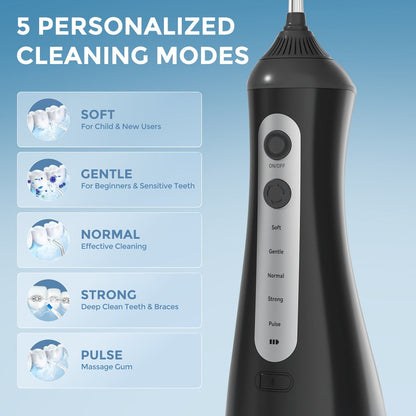 Cordless Water Flosser Dental Oral Irrigator - 5 Cleaning Modes, 5 Jet Tips, Rechargeable Wireless Teeth Cleaner for Deep Gum Care, Plaque Removal & Braces, Home & Travel Dental Gift