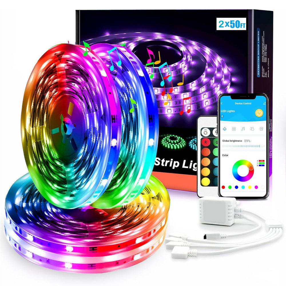 Smart LED Strip Lights 5050 RGB IC App & Remote Control, Music Sync Color Changing, for Bedroom Living Room Kitchen TV Home Decoration, Party Holiday Lighting – 25ft 50ft 100ft 130ft 200ft Available