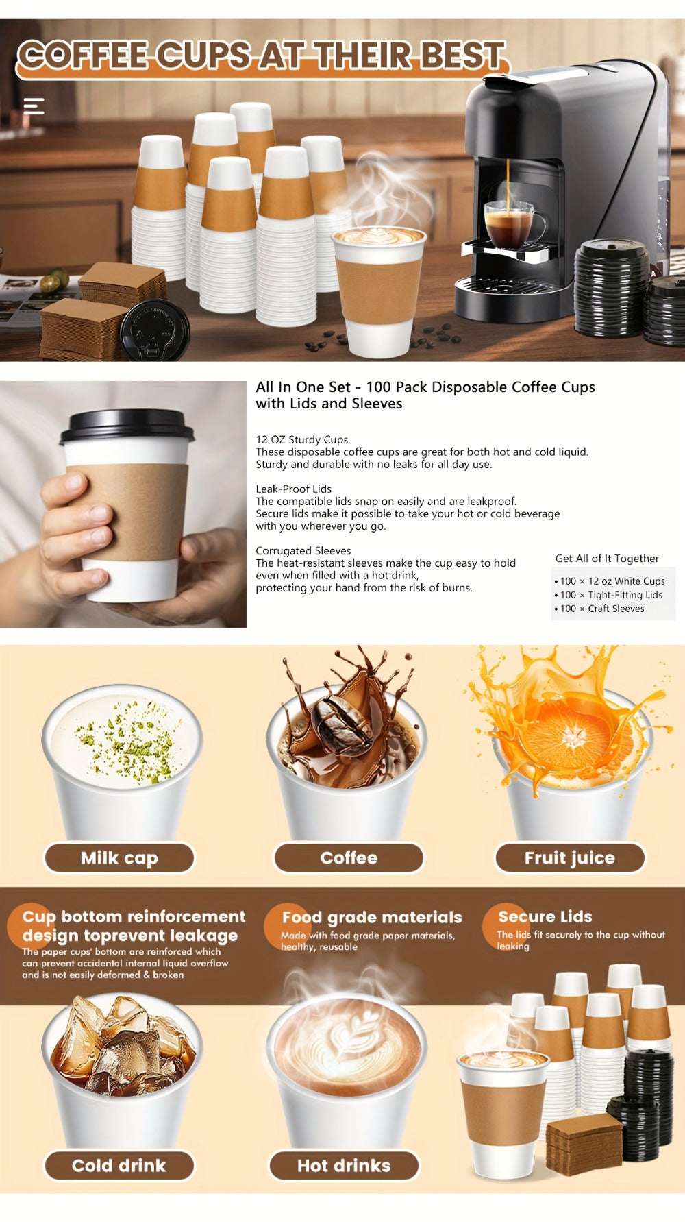 Disposable Paper Coffee Cups with Lids and Sleeves 12oz – Leak-Proof To-Go Hot Coffee Cups with Insulated Sleeve for Home, Office, Party & Coffee Bar | 50 or 100 Pack