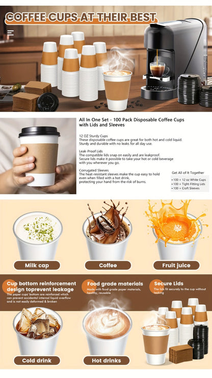 Disposable Paper Coffee Cups with Lids and Sleeves 12oz – Leak-Proof To-Go Hot Coffee Cups with Insulated Sleeve for Home, Office, Party & Coffee Bar | 50 or 100 Pack