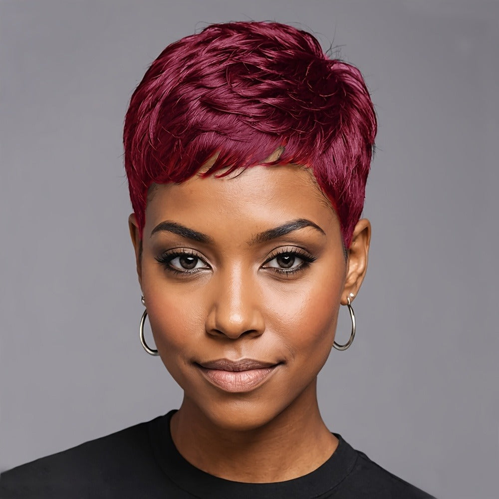 Short Pixie Cut Wig Body Wave Colored Synthetic 4 Inch 120% Density Rose Net Cap Heat Resistant Brown Red Burgundy Black for Women Halloween Party Music Festival Cosplay Daily Wear