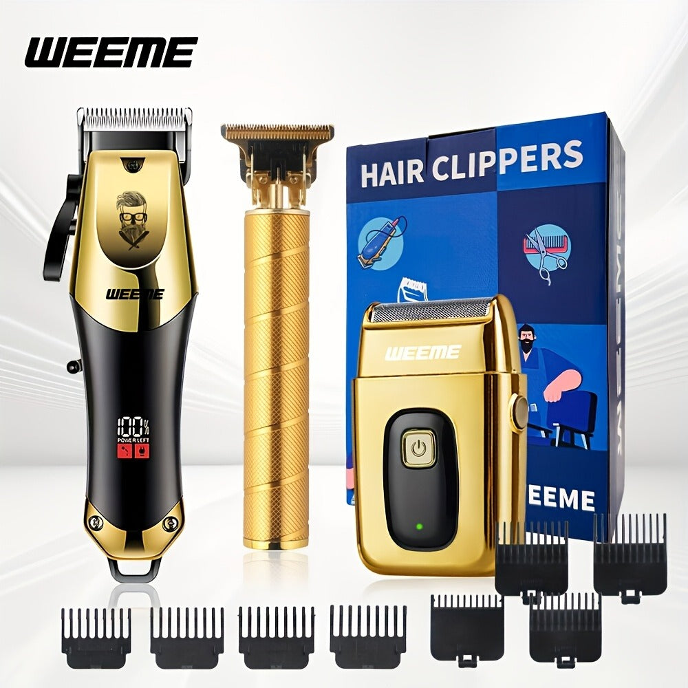 Hair Clipper Set for Men USB Rechargeable - LCD Display Cordless Trimmer, Guide Combs & Cleaning Brushes, Professional Home Haircut Kit, Gift for Men, Golden Blue Silver