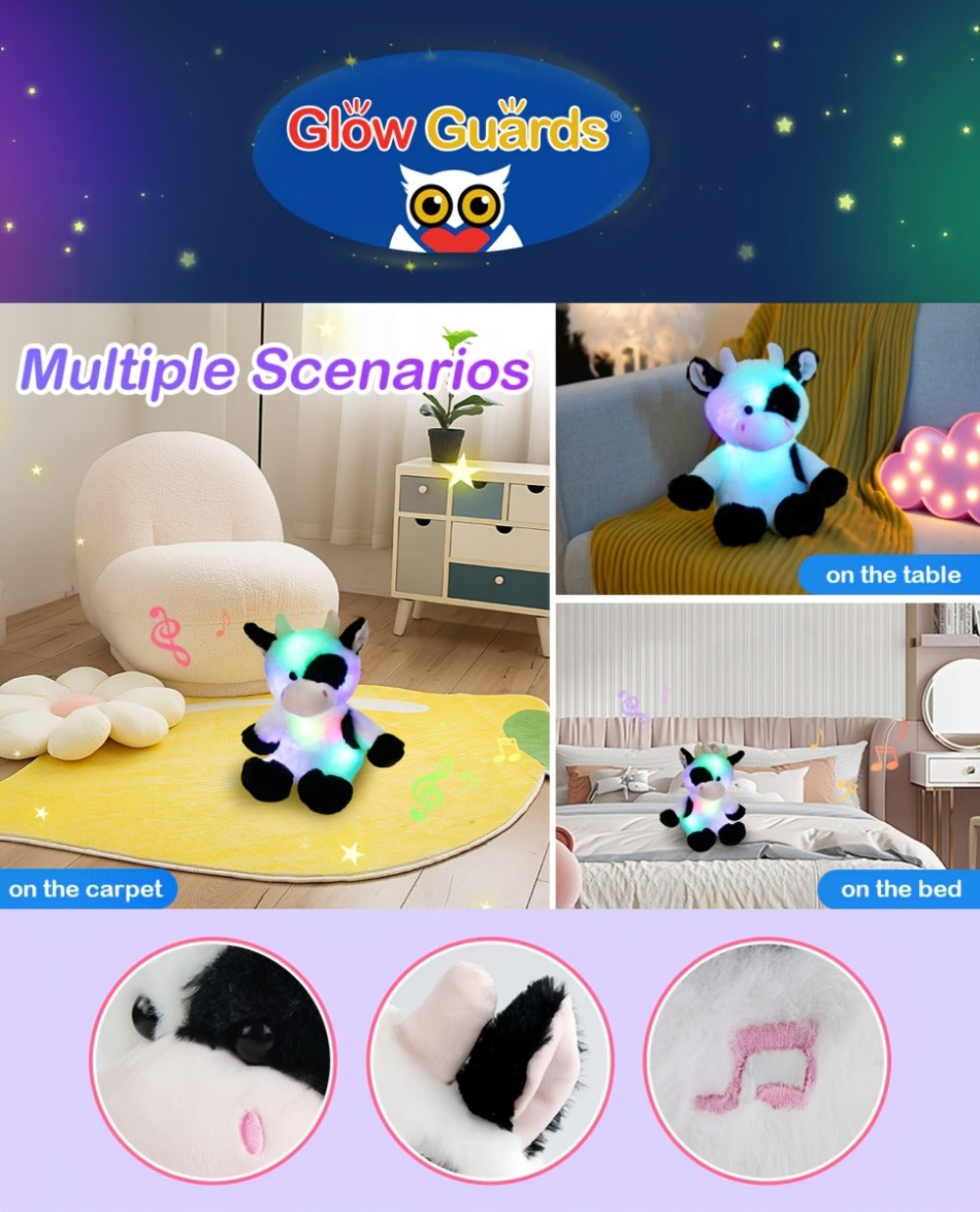 Glowing Highland Cow Plush Toy with Music No Battery Needed — Rhythmic Breathing Light Soft Stuffed Animal Calming Night Light for Baby Toddler Kids, Baby Shower Birthday Christmas Gift