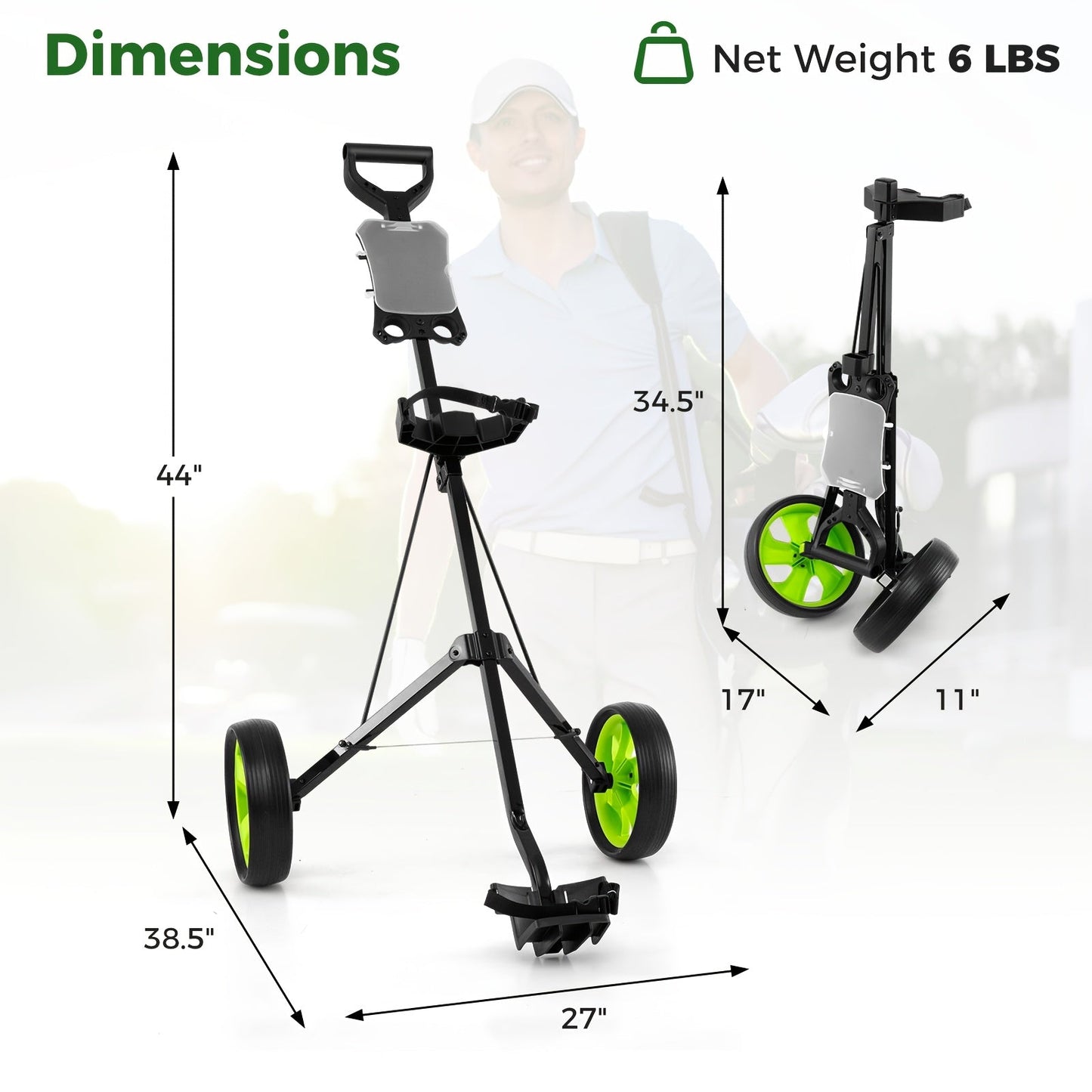 Foldable 2 Wheel Golf Push Cart Trolley with Scoreboard - Lightweight Steel Frame Pull Cart with Adjustable Handle, Score Counter, Ball & Tee Holder, Easy Fold Design for Golf Course & Club Transport