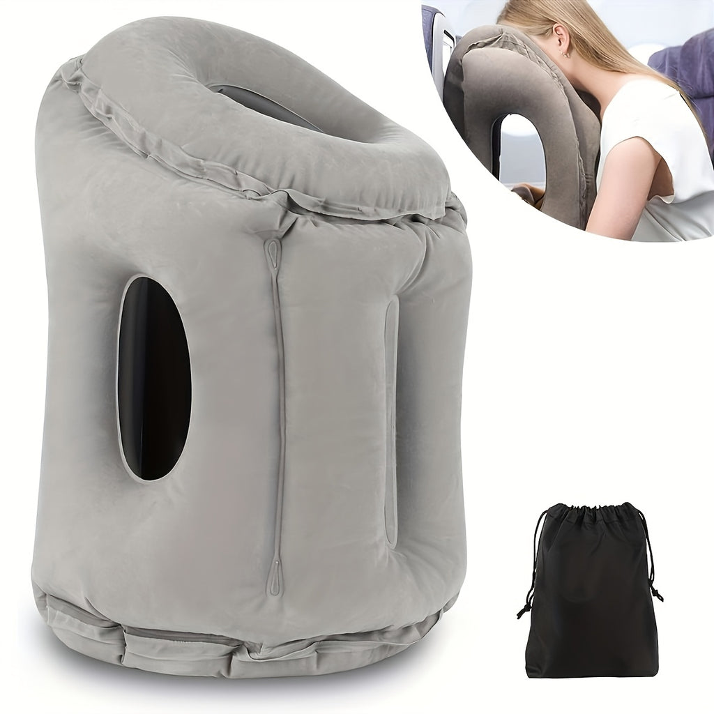 Portable Inflatable Nap Pillow - Comfortable Neck Support For Aviation, Train, Car And Office Use, Easy Nap Air Cushion, Soft Microfiber Cover, Gray