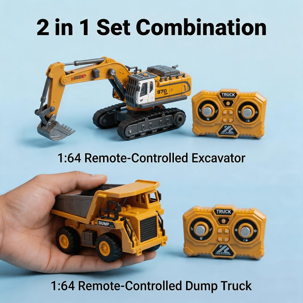 RC Construction Vehicle Set 2.4G 11-Channel Remote Control Excavator Dump Truck Bulldozer | 1:24 & 1:64 Alloy Engineering Toy | 2-in-1, 3-in-1, 4-in-1 Kit for Kids Adults