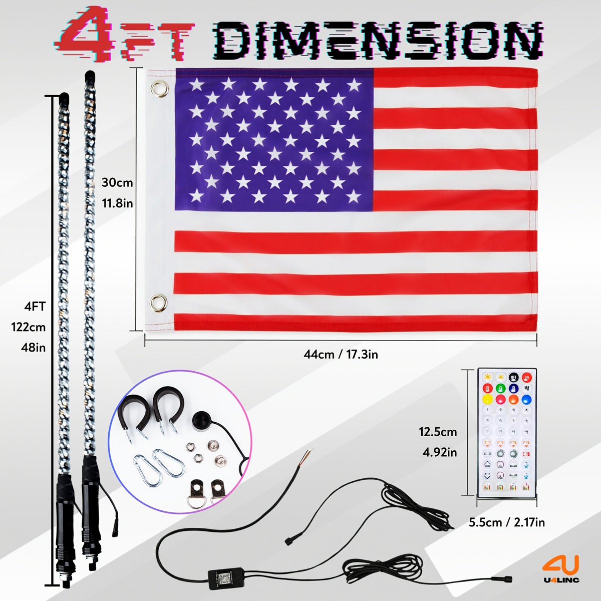 1 Pair (2pcs) 1ft/2ft/3ft/4ft Brighter RGB LED Whip Lights Flag Pole Remote And APP Control Color Changing Lamp Spiral RGB Music Chasing/Dancing Neon Light Whips for UTV ATV RZR SXS Side By Side Dune Buggy Offroad Truck (w/o Spring Base)