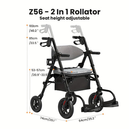 Rollator Walker for Seniors Foldable with 8-Inch Big Wheels, Durable Aluminum All-Terrain Rolling Walker with Ergonomic Backrest & Dual Adjustable Height, Upright Walker Option Available for Elderly