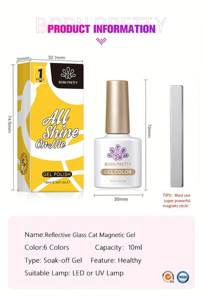 Cat Eye Gel Polish Set 6pcs BORN PRETTY Double Light Reflective Magnetic - Sparkling Rainbow Glass Cat Eye Effect Soak Off UV LED Gel 10ml Each Long Lasting Salon & Home DIY Manicure Kit for Women