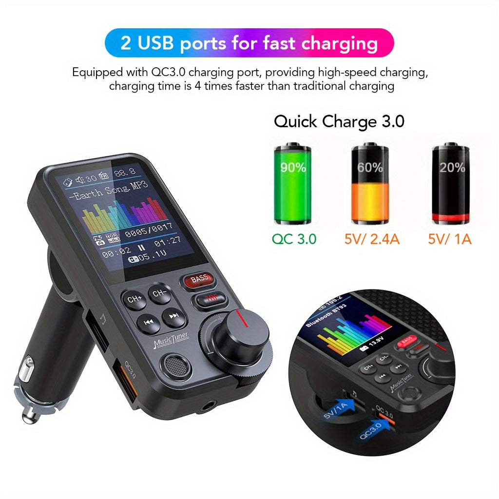 Car FM-BT 5.3 Transmitter with Enhanced Microphone, Wireless Car Adapter, 1.8" Color Screen, Hands-Free Calling, QC3.0 Fast Charging, Supports 64GB USB Drive & 64GB TF Card, And Bass/Treble Music Player.