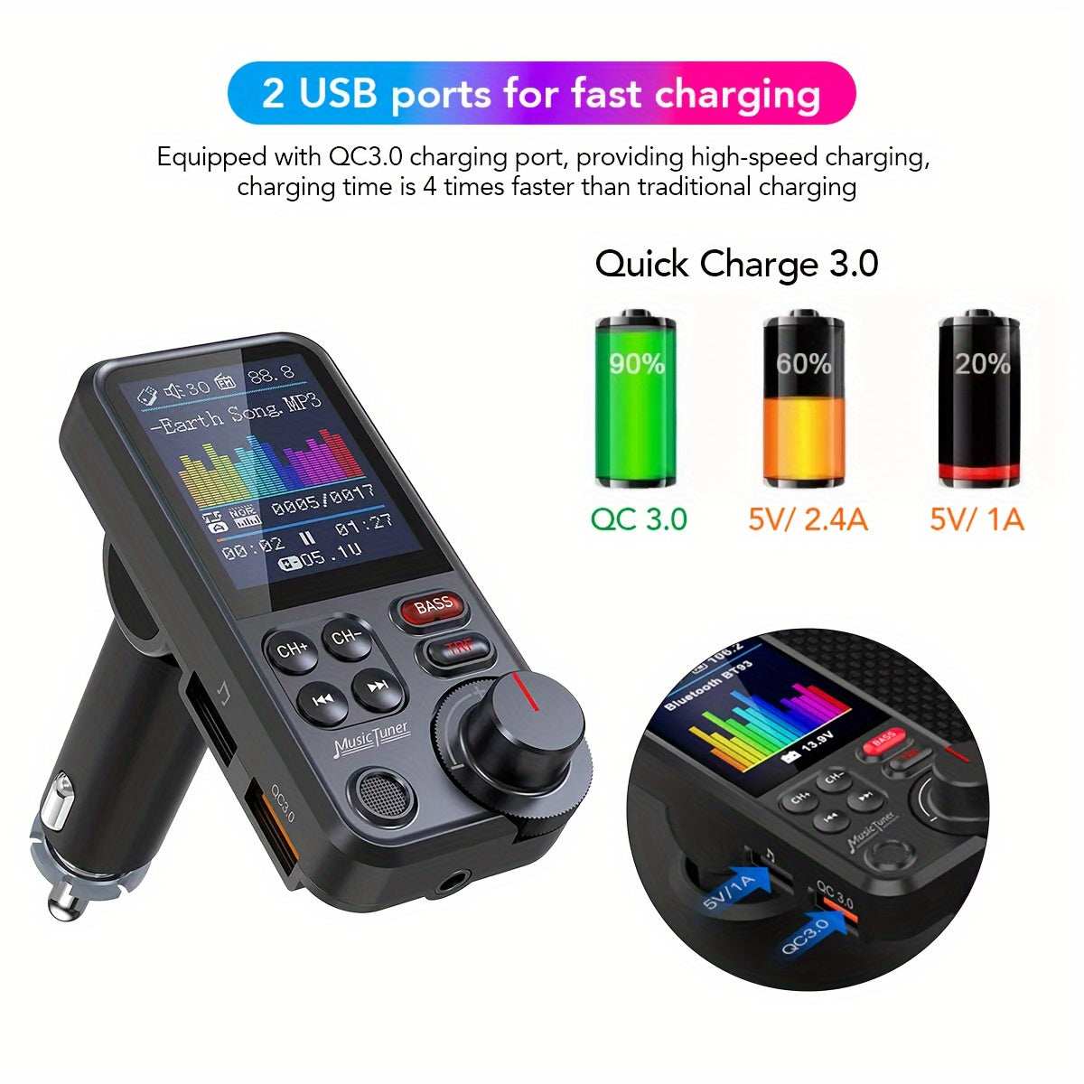 Car FM-BT 5.3 Transmitter with Enhanced Microphone, Wireless Car Adapter, 1.8" Color Screen, Hands-Free Calling, QC3.0 Fast Charging, Supports 64GB USB Drive & 64GB TF Card, And Bass/Treble Music Player.