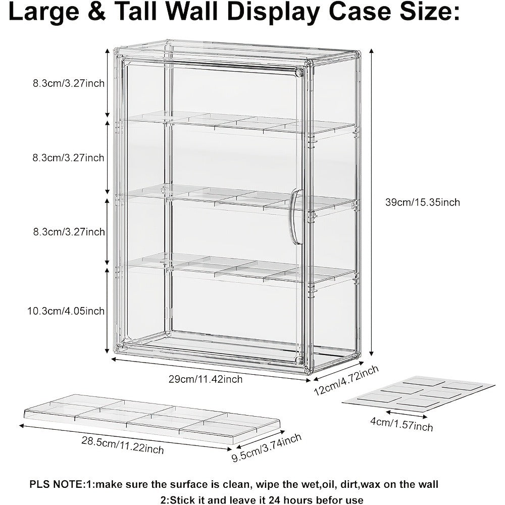 Acrylic Display Case Wall Mounted 4 Tiers – Clear Figure Display Cabinet with 3 Adjustable Dividers, Magnetic Door & Dust-Proof Design for Action Figures, Collectibles, Funko Pop, Toys & Models