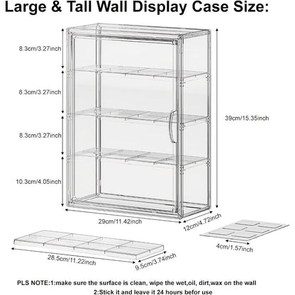 Acrylic Display Case Wall Mounted 4 Tiers – Clear Figure Display Cabinet with 3 Adjustable Dividers, Magnetic Door & Dust-Proof Design for Action Figures, Collectibles, Funko Pop, Toys & Models
