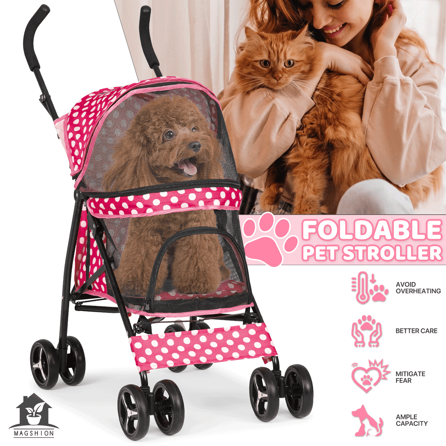 Pet Dog Cat Stroller with 4 Wheels - Foldable Jogger Pet Stroller for Small Medium Dogs & Cats up to 33 lbs, Breathable Mesh Windows, 360° Swivel Wheels, Cup Holder & Storage Basket, 10 Colors