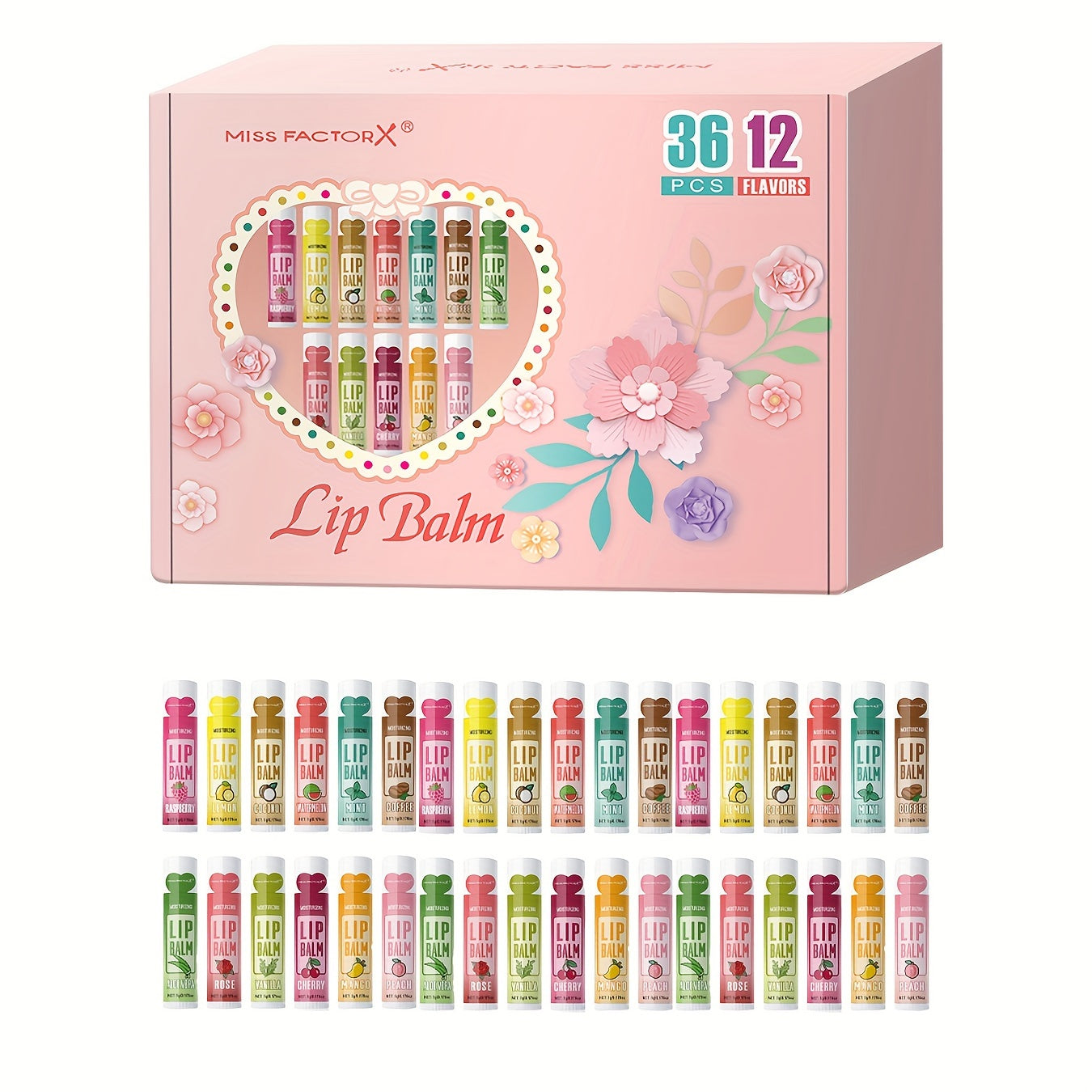 Lip Balm Set 36 Pcs Moisturizing Tinted Lip Butter with Jojoba Oil — 12 Flavors Natural Hydrating Lip Care for Dry Chapped Lips Women Adults Gift Box