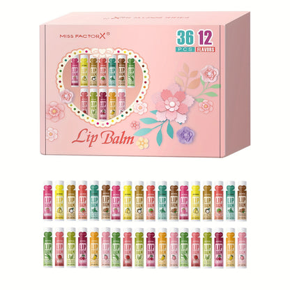 Lip Balm Set 36 Pcs Moisturizing Tinted Lip Butter with Jojoba Oil — 12 Flavors Natural Hydrating Lip Care for Dry Chapped Lips Women Adults Gift Box