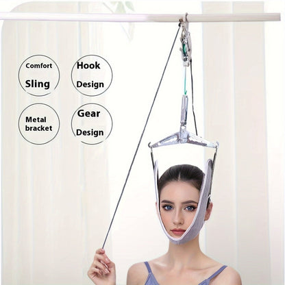 Cervical Traction Device with Handle, Adjustable Neck Traction Belt & Shoulder Massager, Spinal Decompression Pillow for Muscle Tension Relief, Durable Iron & Nylon Home Neck Stretcher