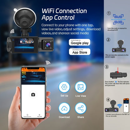 Dash Cam 3-Channel Front Inside Rear – 1080P 170° Wide Angle WiFi Night Vision Loop Recording G-Sensor with 2" IPS Screen & 32GB Card