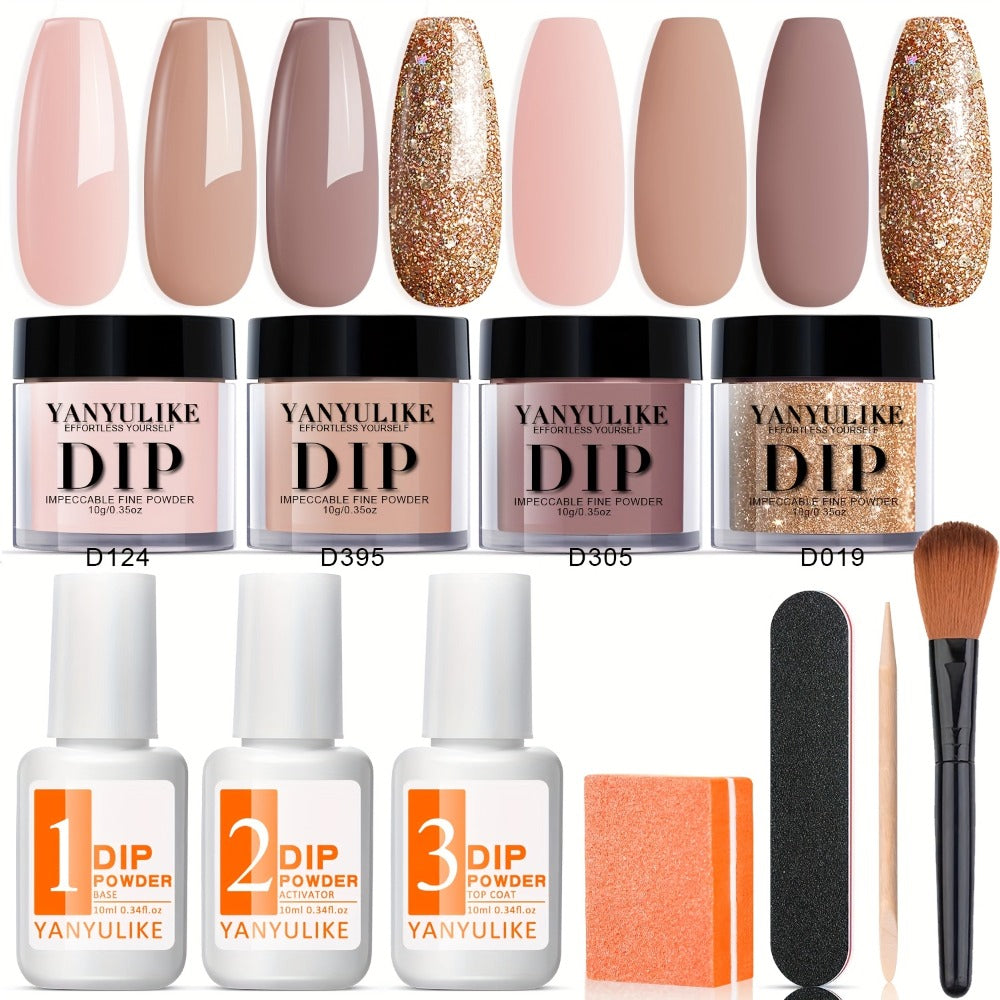 11-Piece Nude Skin Tone Dip Powder Kit with Golden Glitter — 4 Colors Complete Dipping Set Base Coat Activator Top Coat No Lamp French Nail Art Beginner Gift for Women