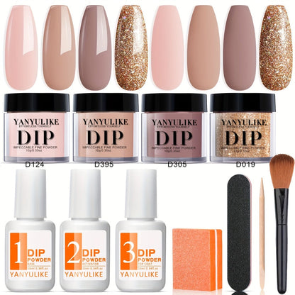 11-Piece Nude Skin Tone Dip Powder Kit with Golden Glitter — 4 Colors Complete Dipping Set Base Coat Activator Top Coat No Lamp French Nail Art Beginner Gift for Women
