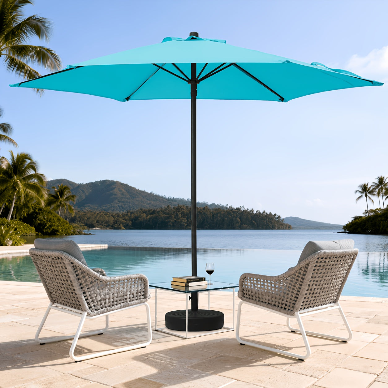 Patio Umbrella shown in the Peacock Blue option