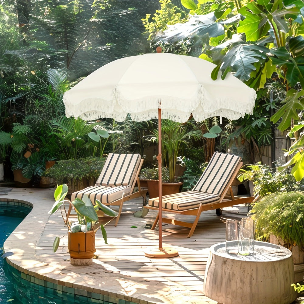 Outdoor Umbrella, 7ft Bohemian with Fringe Tassels & Carry Bag - UV 50+ Sun Protection shown in the main product view