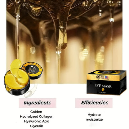 Under Eye Patches 24K Gold 60pcs Collagen Hyaluronic Acid Glycerin — Moisturizing Plumping Anti-Dark Circle Puffiness Fine Lines Unisex Hypoallergenic All Skin Types Travel Gift