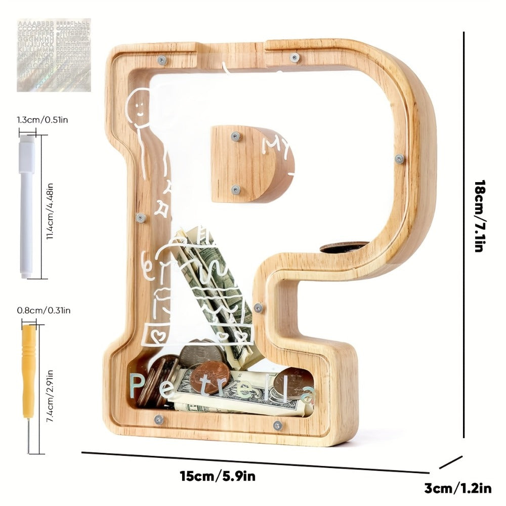 Alphabet Wooden Money Bank for Adults A to Z Letter Piggy Bank – Personalized Coin Bank Home Decor Craft Art Decoration, Ideal Gift for Ages 14 and Up