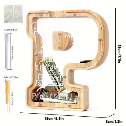 Alphabet Wooden Money Bank for Adults A to Z Letter Piggy Bank – Personalized Coin Bank Home Decor Craft Art Decoration, Ideal Gift for Ages 14 and Up
