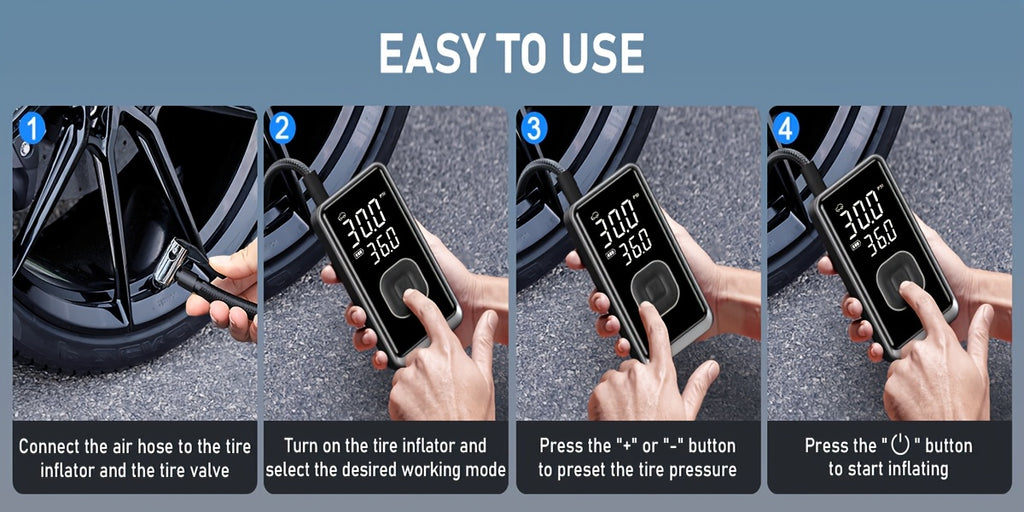 Portable Air Compressor | 150PSI Cordless Tire Inflator with Digital Pressure Gauge and LED Light, USB Charging, Quick Charge, Lithium Polymer Battery, for Car, Moto, Bicycle, Roadside Assistance and Emergency Support in All Terrains