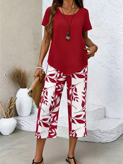 Women's Leaf Print 2-Piece Outfit Set - Short Sleeve Top and Wide-Leg Pants
