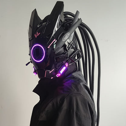 LED Cyberpunk Samurai Mask with Braids – Futuristic Sci-Fi Mechanical Face Mask for Halloween, Cosplay, Music Festival & Rave Party, Blue Green Pink, Free Helmet Included, Adult Gift