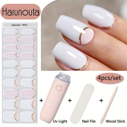 Semi Cured Gel Nail Strips Kit with Handheld LED Nail Lamp — 20 Real Gel Nail Stickers Wraps for DIY Nail Art Manicure at Home, Glitter & Flower Designs, Easy Apply Long-Lasting Chip-Resistant Gel Finish