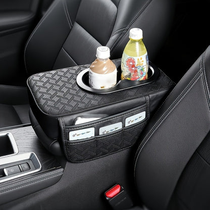 Car Center Console Cover PU Leather – Universal Armrest Box Mat with 2 Cup Holders & 2 Side Pockets, Phone & Card Storage, Fits Most Car Models, Optional Tissue Box