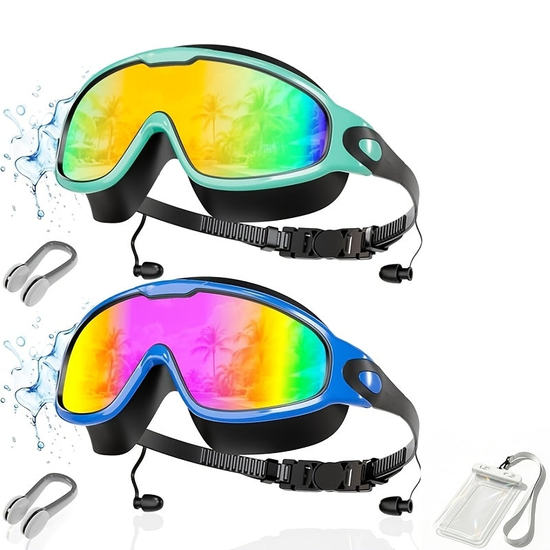 Anti-Fog Swimming Goggles Wide View UV Protection Swim Goggles for Adults Men Women Youth - Mirrored Lens with Earplugs Nose Clip for Triathlon Pool Open Water Training
