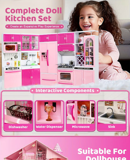 Pink Kitchen Toy Set 64pcs with Lights & Sounds – Mini Furniture Doll Playset for Girls | Pretend Play Kitchen Accessories, Birthday & Christmas Gift for Toddlers & Kids Ages 3 4 5 6