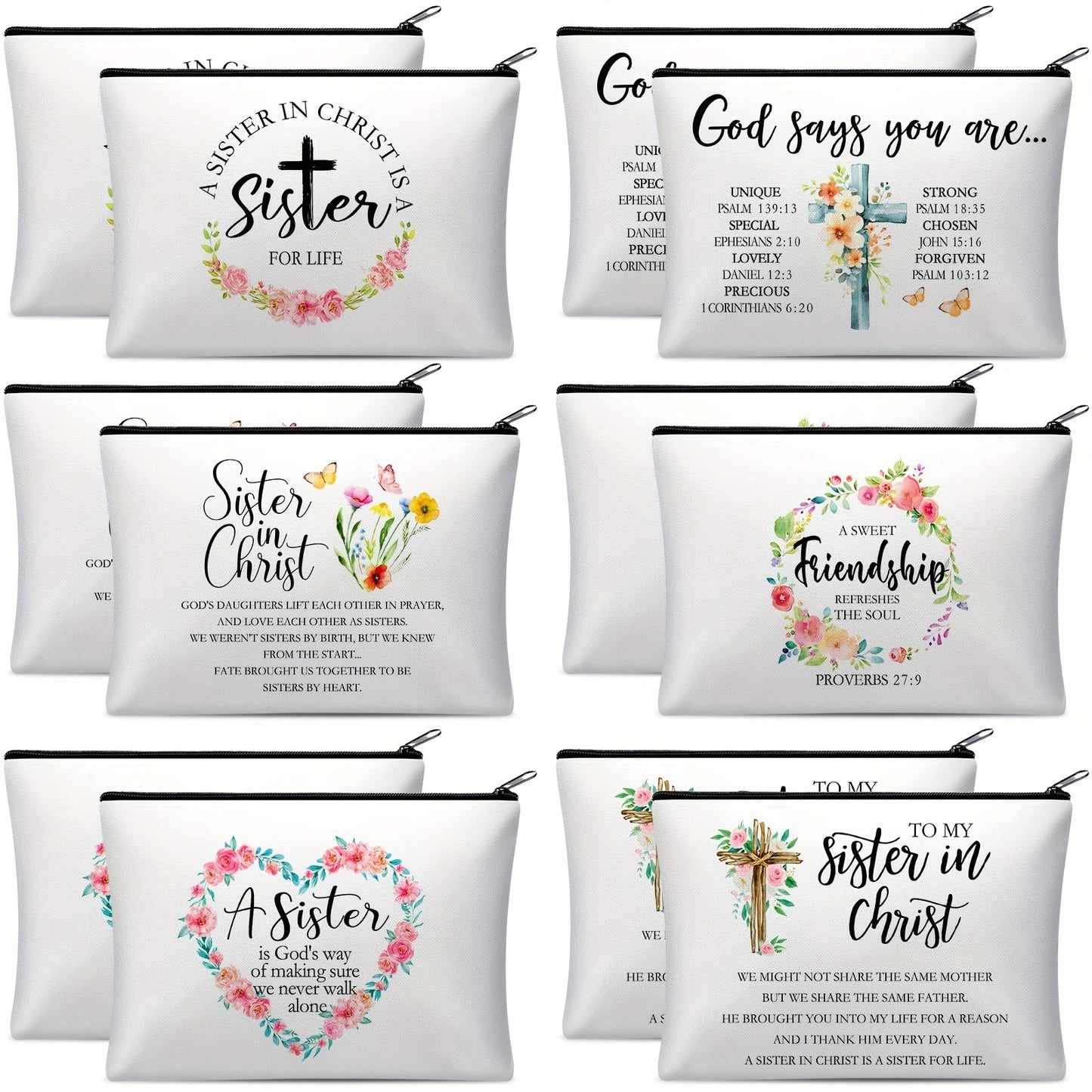 Sisters in Christ Makeup Bag Set 12 Pcs Inspirational Christian Cosmetic Bags Faith-Based Gift for Women Birthday Valentine Mother's Day Secret Sister Church Group