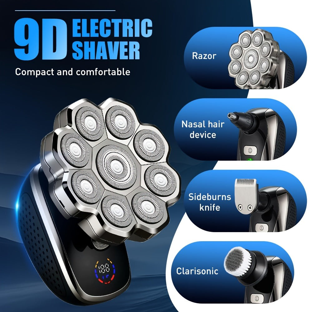 Bald Head Shaver for Men 5-in-1 Electric Razor Wet Dry with 7D 9D Floating Head Detachable Magnetic Blades Cordless Rechargeable Grooming Kit Gift for Dad Father