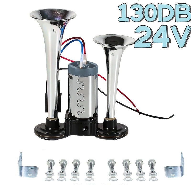 Dual Air Horn Kit 12V/24V 105-137dB with Air Compressor - Super Loud Aluminum Alloy Trumpet Horn for Truck, Train, SUV, Motorcycle, Car & Boat, Universal Electric Horn Easy Install