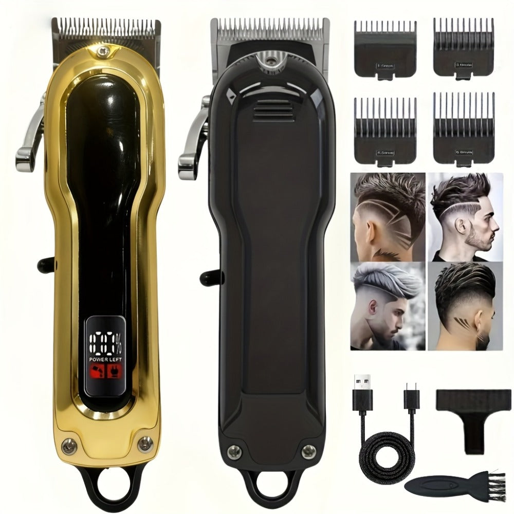 Electric Hair Clipper Set with Limit Comb — Barber-Grade Professional Trimmer, Long-Lasting Rechargeable Battery, Home & Travel Haircut Kit, Gift for Dad, Silver & Golden