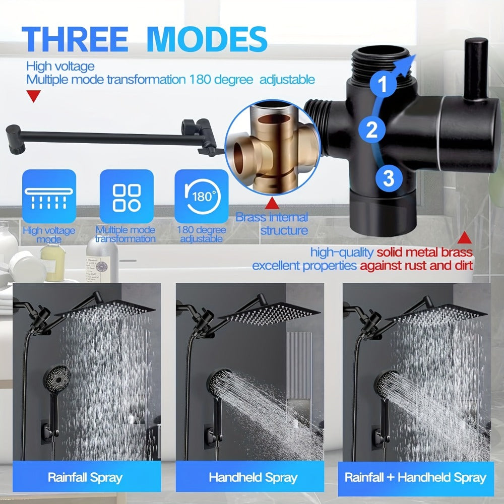 High Pressure Rainfall Handheld Shower Head Combo, 11-Inch Extension Arm, 9 Settings, 180° Adjustable, Anti-Leak with Holder, Chrome & Matte Black, 8/10/12 Inch