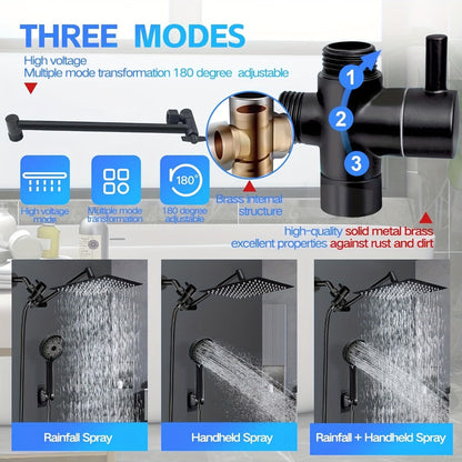 High Pressure Rainfall Handheld Shower Head Combo, 11-Inch Extension Arm, 9 Settings, 180° Adjustable, Anti-Leak with Holder, Chrome & Matte Black, 8/10/12 Inch