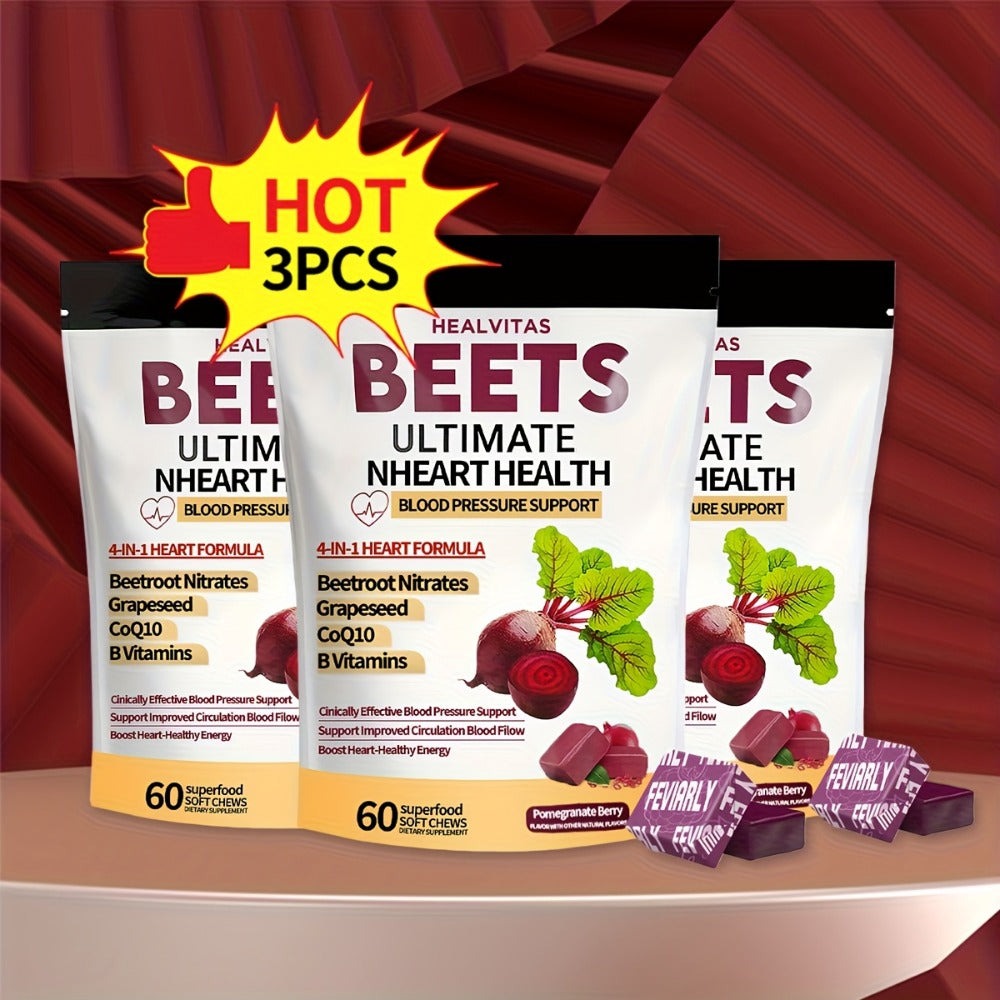 Beetroot Gummies with CoQ10 & Multi-Vitamins — 4-in-1 Heart Health & Blood Pressure Support Supplement | Pomegranate Flavor Chewable Gummies for Cardiovascular Wellness, Circulation & Energy | 60 Gummies 30-Day Supply | 1 or 3 Pack